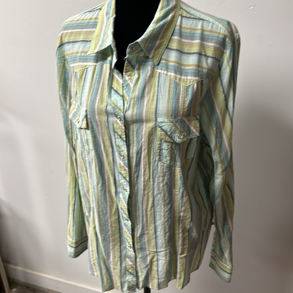 Izod Womens Blouse XL Blue Green Pearl Snap Long Sleeve Shimmer Thread pockets - Picture 4 of 10